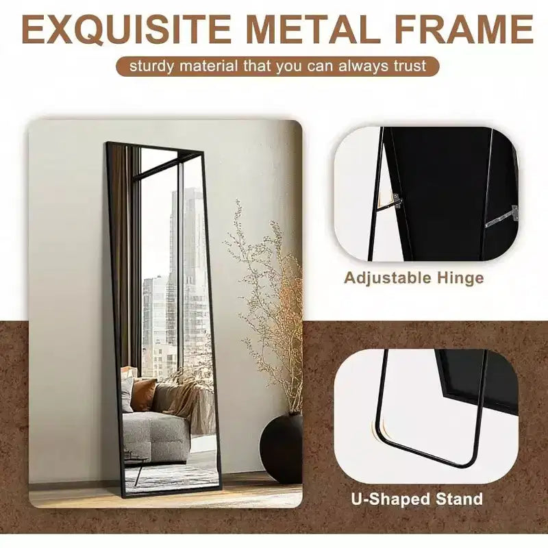 Miroir pleine longueur noir 56x15 - Cadre et support en aluminium. Pour mur, porte, chambre, salle de bain ou salon