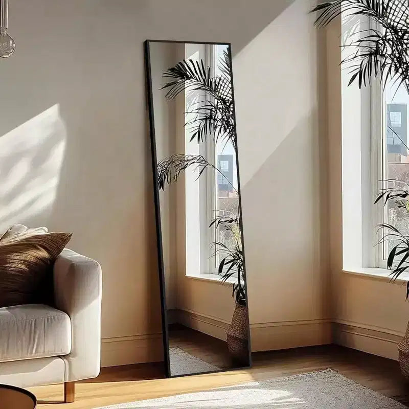 Miroir pleine longueur noir 56x15 - Cadre et support en aluminium. Pour mur, porte, chambre, salle de bain ou salon