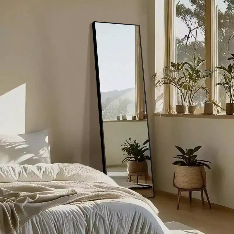 Miroir pleine longueur noir 56x15 - Cadre et support en aluminium. Pour mur, porte, chambre, salle de bain ou salon
