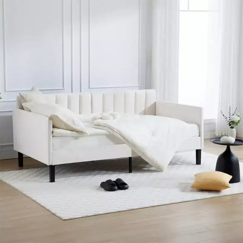 Canapé-lit double en velours avec dossier capitonné côtelé, support robuste à lattes, couchage rembourré blanc pour chambre ou salon, aucun sommier tapissier requis