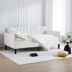 Canapé-lit double en velours avec dossier capitonné côtelé, support robuste à lattes, couchage rembourré blanc pour chambre ou salon, aucun sommier tapissier requis