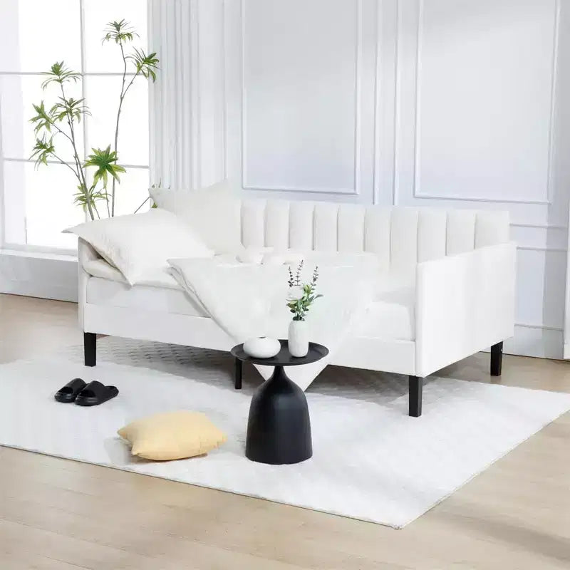 Canapé-lit double en velours avec dossier capitonné côtelé, support robuste à lattes, couchage rembourré blanc pour chambre ou salon, aucun sommier tapissier requis