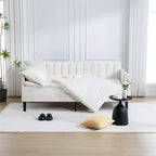Canapé-lit double en velours avec dossier capitonné côtelé, support robuste à lattes, couchage rembourré blanc pour chambre ou salon, aucun sommier tapissier requis