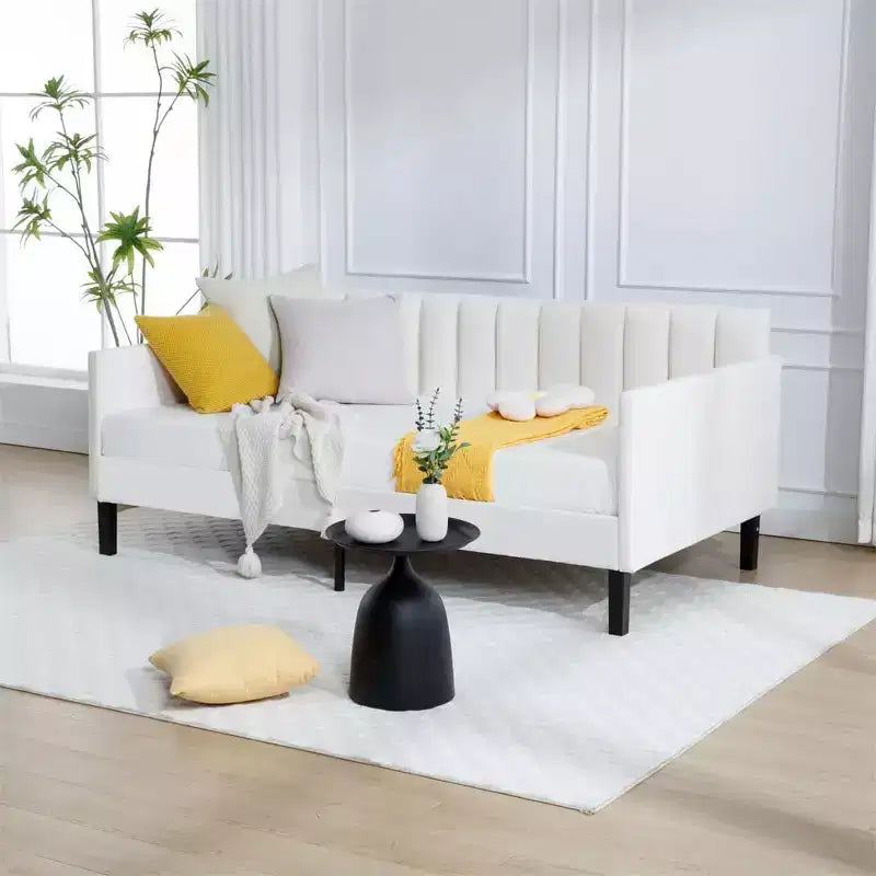 Canapé-lit double en velours avec dossier capitonné côtelé, support robuste à lattes, couchage rembourré blanc pour chambre ou salon, aucun sommier tapissier requis