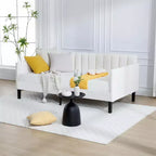 Canapé-lit double en velours avec dossier capitonné côtelé, support robuste à lattes, couchage rembourré blanc pour chambre ou salon, aucun sommier tapissier requis