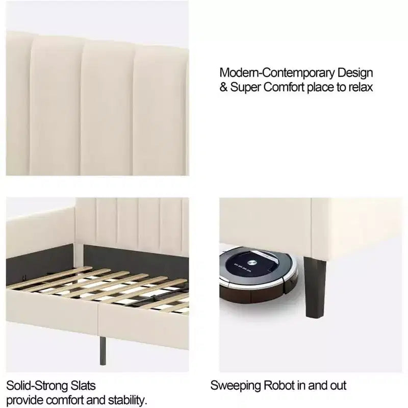 Canapé-lit double en velours avec dossier capitonné côtelé, support robuste à lattes, couchage rembourré blanc pour chambre ou salon, aucun sommier tapissier requis