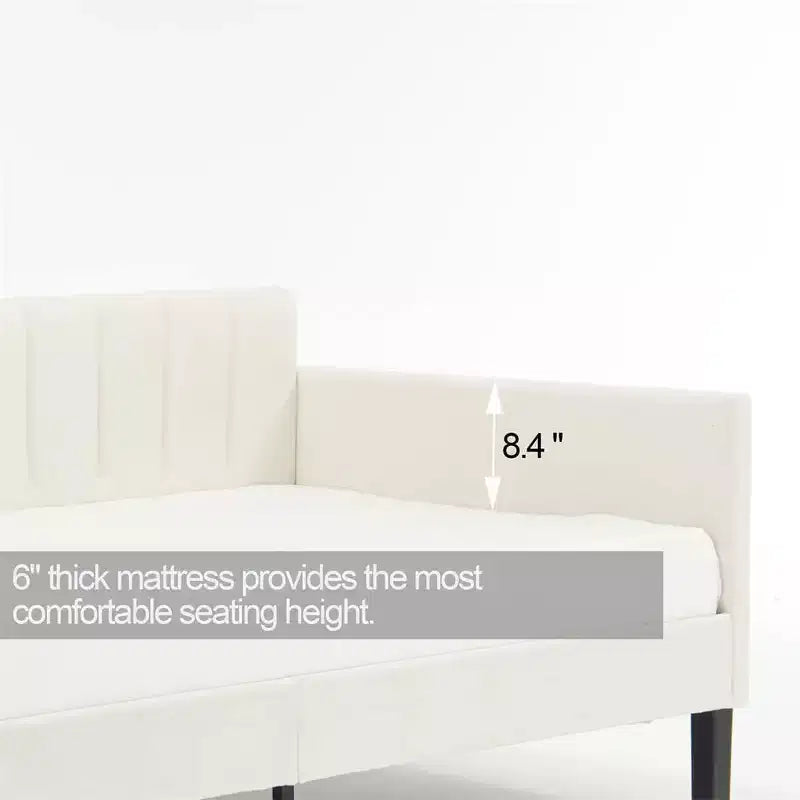 Canapé-lit double en velours avec dossier capitonné côtelé, support robuste à lattes, couchage rembourré blanc pour chambre ou salon, aucun sommier tapissier requis