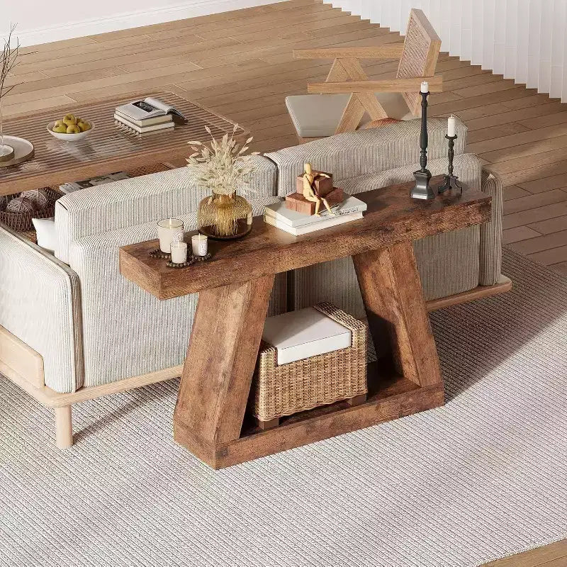 Acekool Table Console d'entrée Industrielle à 2 Niveaux avec Étagères de Rangement Ouvertes, Table Basse de Ferme pour Salon