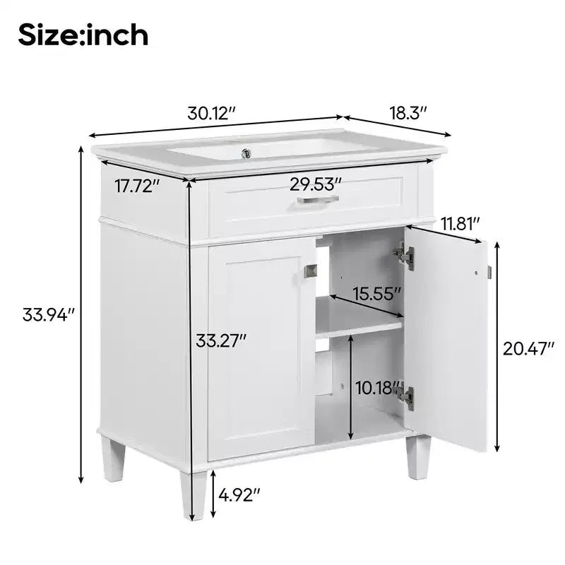 Meuble-lavabo de salle de bain avec vasque intégrée, meuble de rangement de salle de bain moderne avec 2 portes à fermeture douce, étagères réglables, meubles-lavabos
