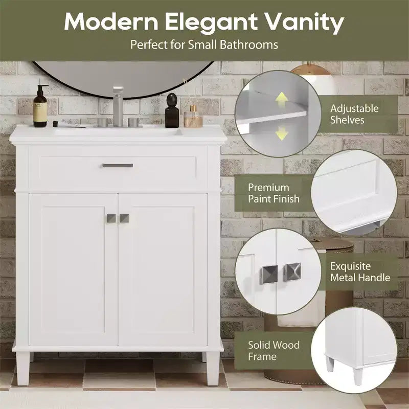 Meuble-lavabo de salle de bain avec vasque intégrée, meuble de rangement de salle de bain moderne avec 2 portes à fermeture douce, étagères réglables, meubles-lavabos