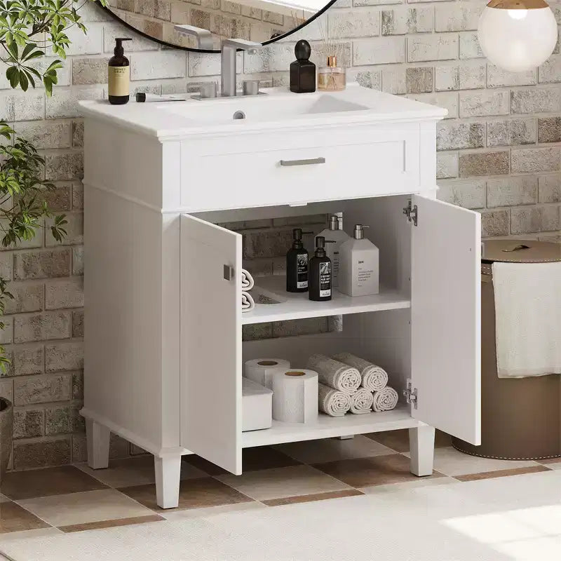 Meuble-lavabo de salle de bain avec vasque intégrée, meuble de rangement de salle de bain moderne avec 2 portes à fermeture douce, étagères réglables, meubles-lavabos