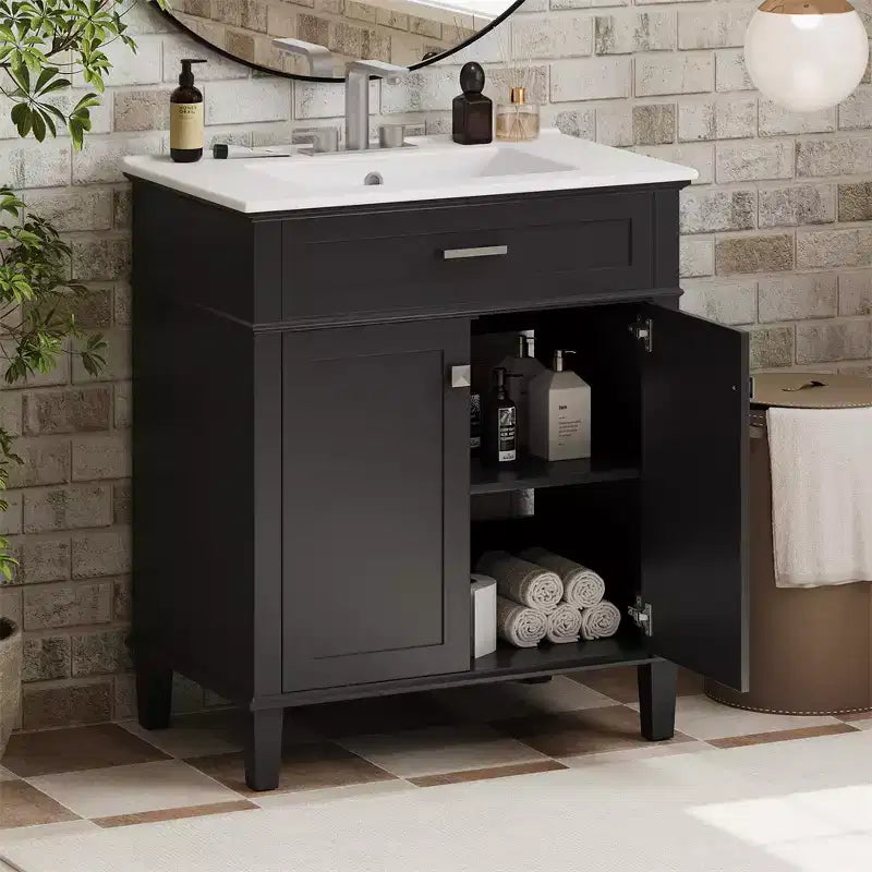 Meuble-lavabo de salle de bain avec vasque intégrée, meuble de rangement de salle de bain moderne avec 2 portes à fermeture douce, étagères réglables, meubles-lavabos