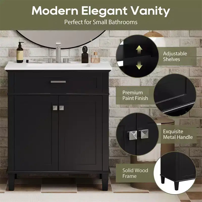 Meuble-lavabo de salle de bain avec vasque intégrée, meuble de rangement de salle de bain moderne avec 2 portes à fermeture douce, étagères réglables, meubles-lavabos