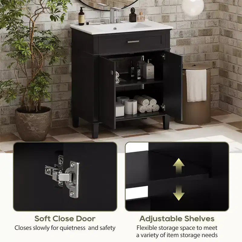 Meuble-lavabo de salle de bain avec vasque intégrée, meuble de rangement de salle de bain moderne avec 2 portes à fermeture douce, étagères réglables, meubles-lavabos