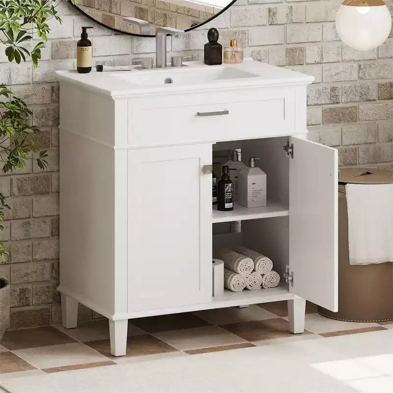Meuble-lavabo de salle de bain avec vasque intégrée, meuble de rangement de salle de bain moderne avec 2 portes à fermeture douce, étagères réglables, meubles-lavabos