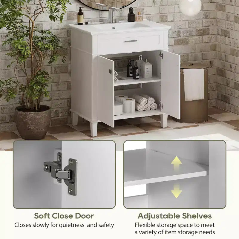 Meuble-lavabo de salle de bain avec vasque intégrée, meuble de rangement de salle de bain moderne avec 2 portes à fermeture douce, étagères réglables, meubles-lavabos