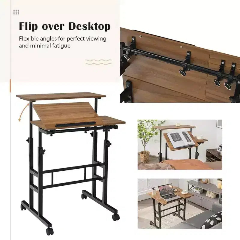 Bureau debout portable réglable en hauteur 67-155 cm, bureau d'ordinateur mobile avec roulettes, plateau inclinable et support CPU, chariot de table d'ordinateur portable roulant pour bureau à domicile