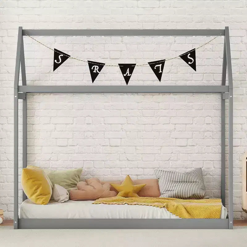 Cadre de lit maison avec toit, lits de sol en bois de taille double, cadres de lit amusants de maison de jeu, pour enfants filles et garçons