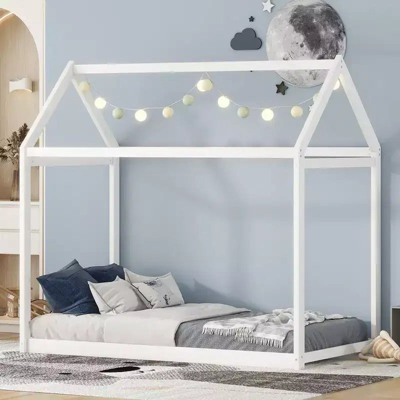 Cadre de lit maison avec toit, lits de sol en bois de taille double, cadres de lit amusants de maison de jeu, pour enfants filles et garçons
