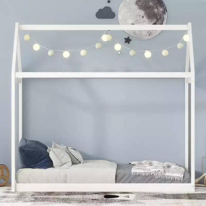 Cadre de lit maison avec toit, lits de sol en bois de taille double, cadres de lit amusants de maison de jeu, pour enfants filles et garçons