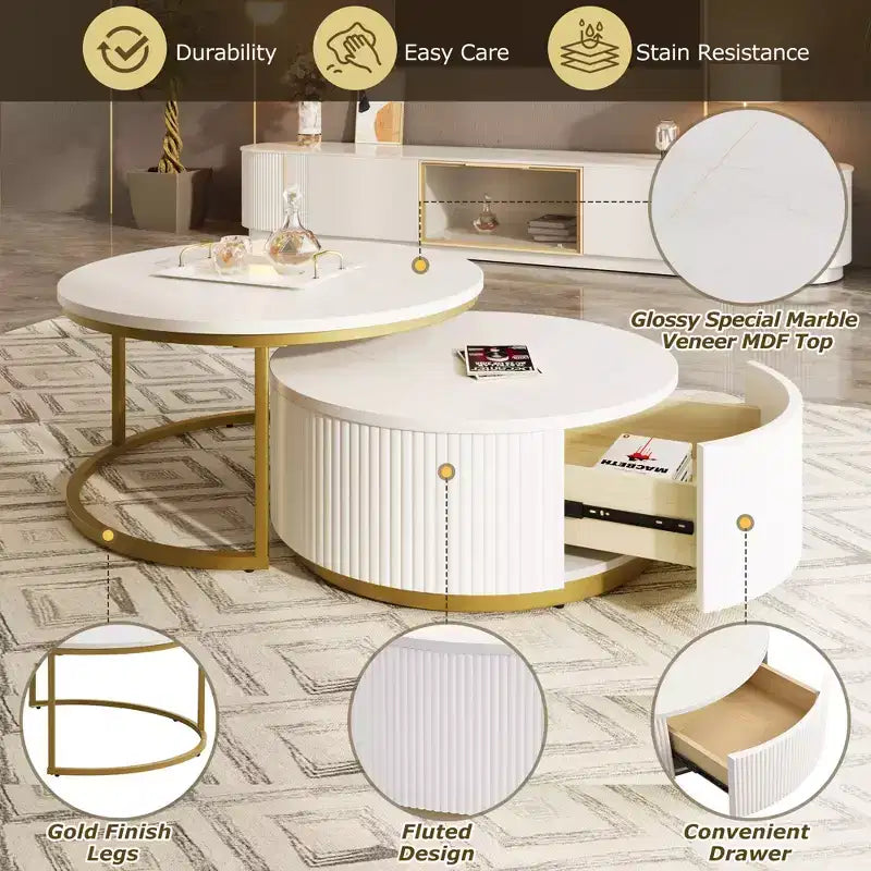 Table basse gigogne moderne TUYOHW, table cannelée 31,5/27,6 avec tiroir, table d'appoint pour salon, plateau en MDF robuste et base en métal, capacité de 36 kg