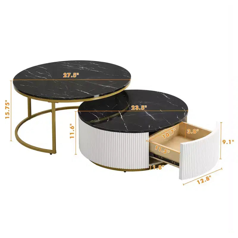 Table basse gigogne moderne TUYOHW, table cannelée 31,5/27,6 avec tiroir, table d'appoint pour salon, plateau en MDF robuste et base en métal, capacité de 36 kg