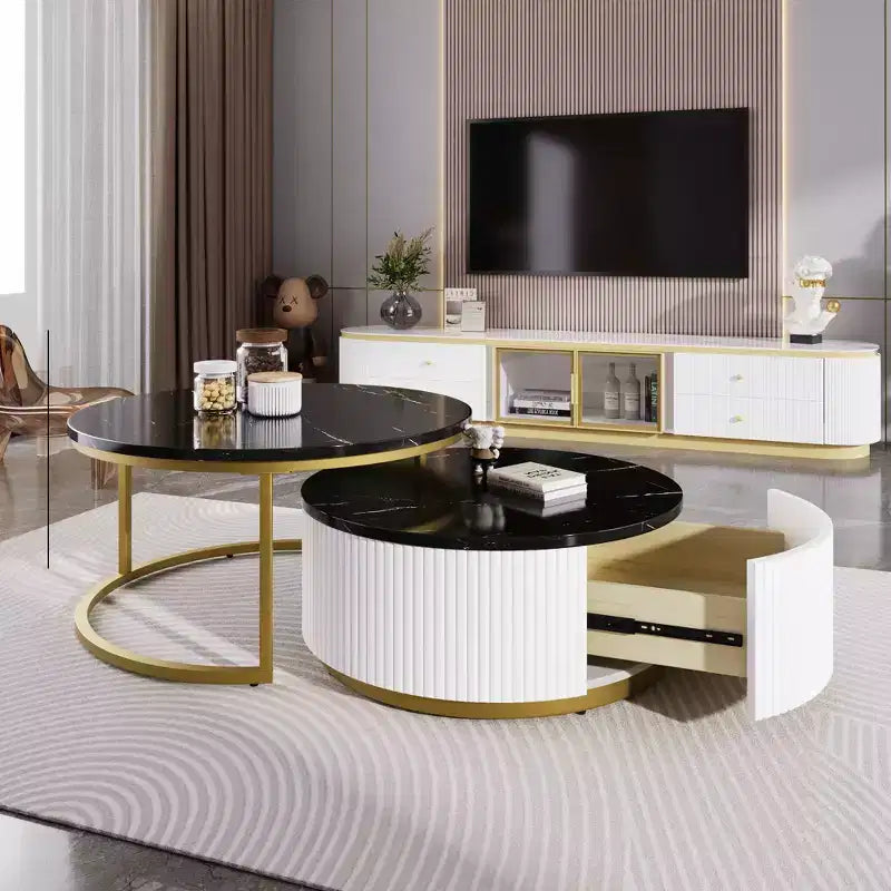 Table basse gigogne moderne TUYOHW, table cannelée 31,5/27,6 avec tiroir, table d'appoint pour salon, plateau en MDF robuste et base en métal, capacité de 36 kg