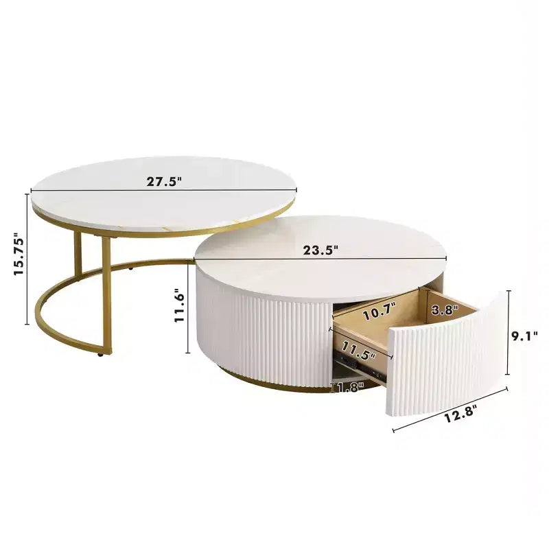 Table basse gigogne moderne TUYOHW, table cannelée 31,5/27,6 avec tiroir, table d'appoint pour salon, plateau en MDF robuste et base en métal, capacité de 36 kg
