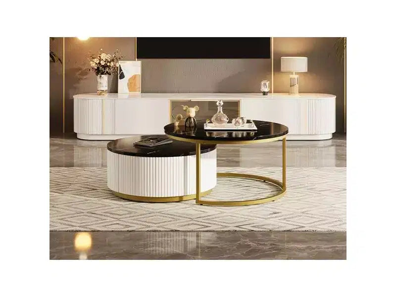 Table basse gigogne moderne TUYOHW, table cannelée 31,5/27,6 avec tiroir, table d'appoint pour salon, plateau en MDF robuste et base en métal, capacité de 36 kg