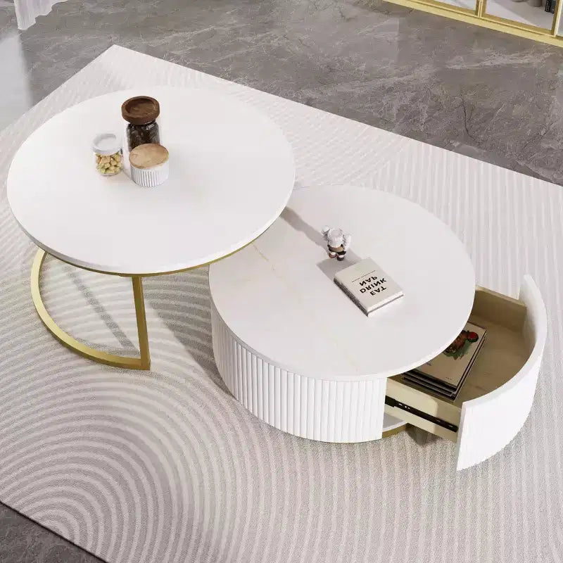 Table basse gigogne moderne TUYOHW, table cannelée 31,5/27,6 avec tiroir, table d'appoint pour salon, plateau en MDF robuste et base en métal, capacité de 36 kg