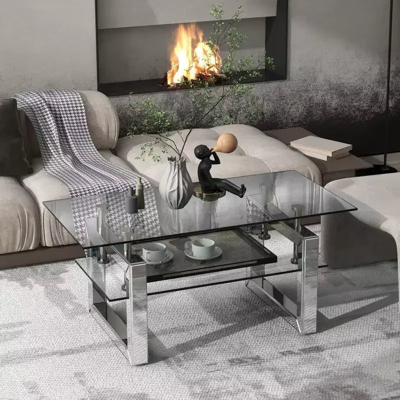 Table basse à 2 niveaux TUYOHW 39.4 avec plateau en verre trempé transparent, table basse industrielle avec pieds en métal, table d'appoint pour salon