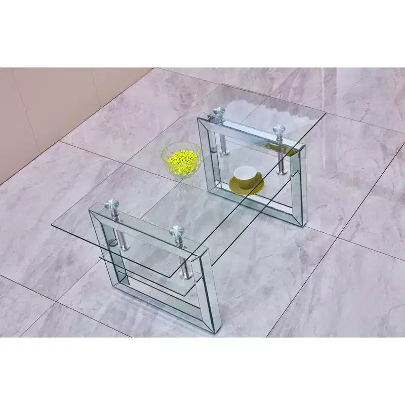 Table basse à 2 niveaux TUYOHW 39.4 avec plateau en verre trempé transparent, table basse industrielle avec pieds en métal, table d'appoint pour salon