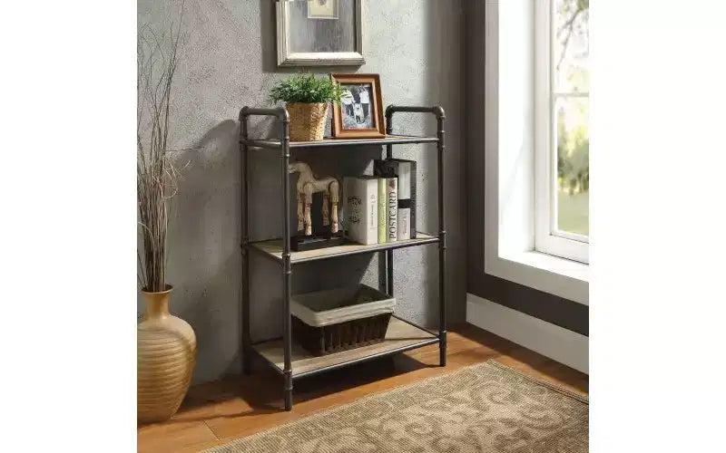 Étagères rectangulaires TUYOHW, étagère de rangement ouverte avec tube en acier rond, bibliothèques pour salon, bureau, gris + chêne
