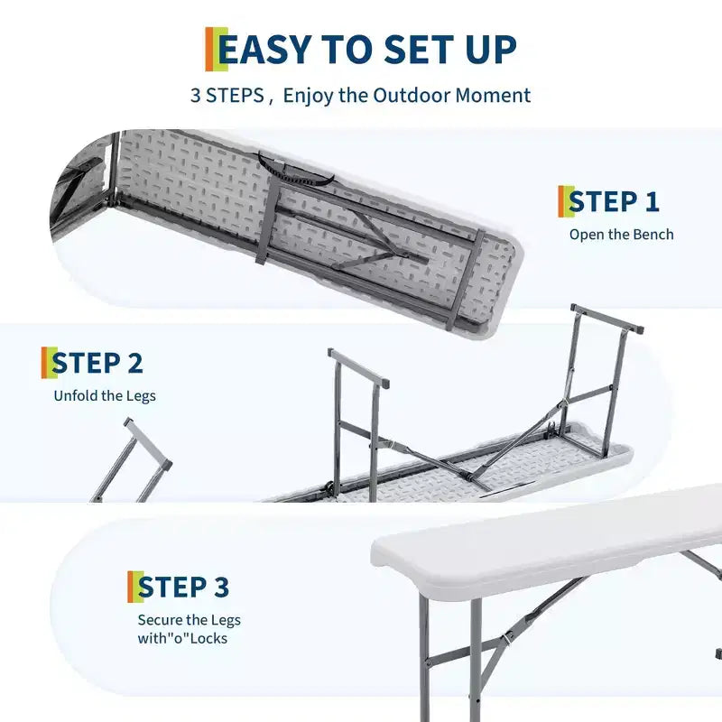 Banc pliant portable de 1,8 m, lot de 2 bancs portables en plastique, banc d'extérieur robuste avec poignée de transport, banc pliable pour le camping, le sport