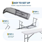 Banc pliant portable de 1,8 m, lot de 2 bancs portables en plastique, banc d'extérieur robuste avec poignée de transport, banc pliable pour le camping, le sport