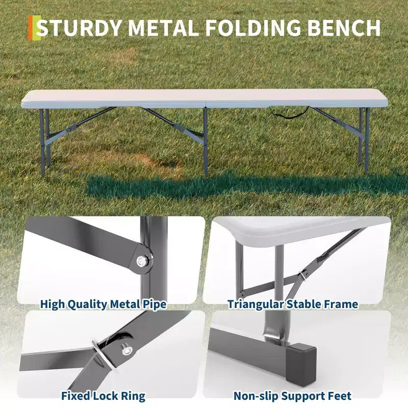 Banc pliant portable de 1,8 m, lot de 2 bancs portables en plastique, banc d'extérieur robuste avec poignée de transport, banc pliable pour le camping, le sport