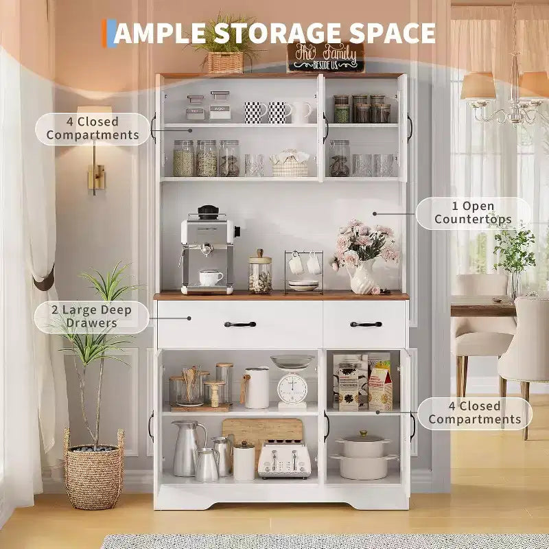 Placard de cuisine Acekool White 71 avec station de recharge, tiroir et étagères réglables, meuble de rangement de style ferme pour salle à manger ou salon