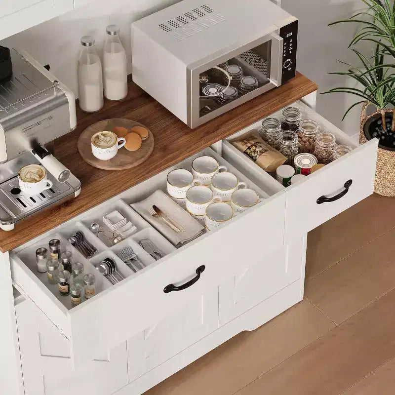 Placard de cuisine Acekool White 71 avec station de recharge, tiroir et étagères réglables, meuble de rangement de style ferme pour salle à manger ou salon
