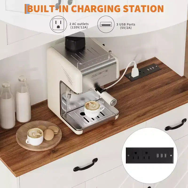 Placard de cuisine Acekool White 71 avec station de recharge, tiroir et étagères réglables, meuble de rangement de style ferme pour salle à manger ou salon