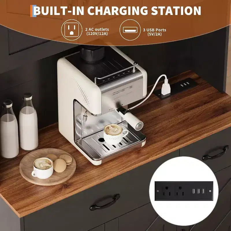 Placard de cuisine Acekool White 71 avec station de recharge, tiroir et étagères réglables, meuble de rangement de style ferme pour salle à manger ou salon