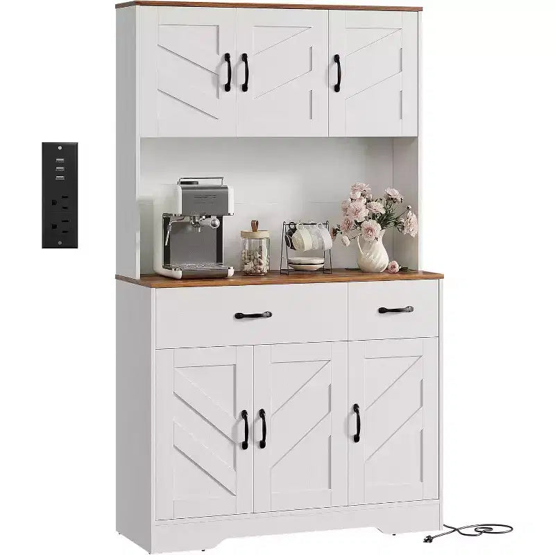 Placard de cuisine Acekool White 71 avec station de recharge, tiroir et étagères réglables, meuble de rangement de style ferme pour salle à manger ou salon