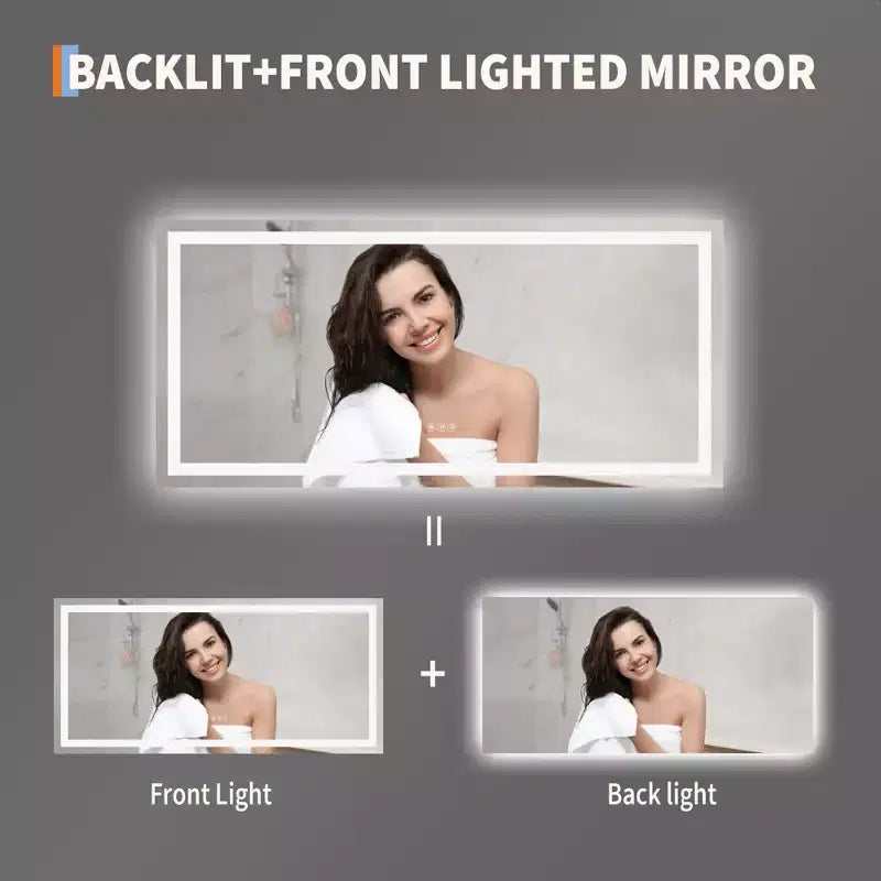 Miroir de salle de bain avec éclairage, Intensité variable, Anti-buée, Rétroéclairé + Éclairage frontal, Miroir de courtoisie lumineux pour salle de bain, Fonction mémoire, Antidéflagrant