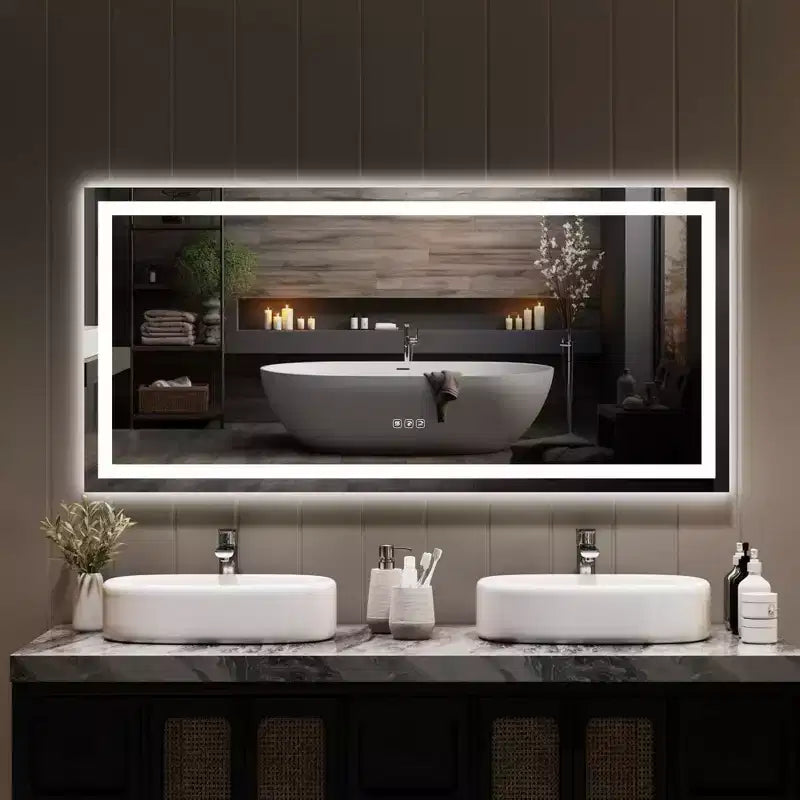 Miroir de salle de bain avec éclairage, Intensité variable, Anti-buée, Rétroéclairé + Éclairage frontal, Miroir de courtoisie lumineux pour salle de bain, Fonction mémoire, Antidéflagrant