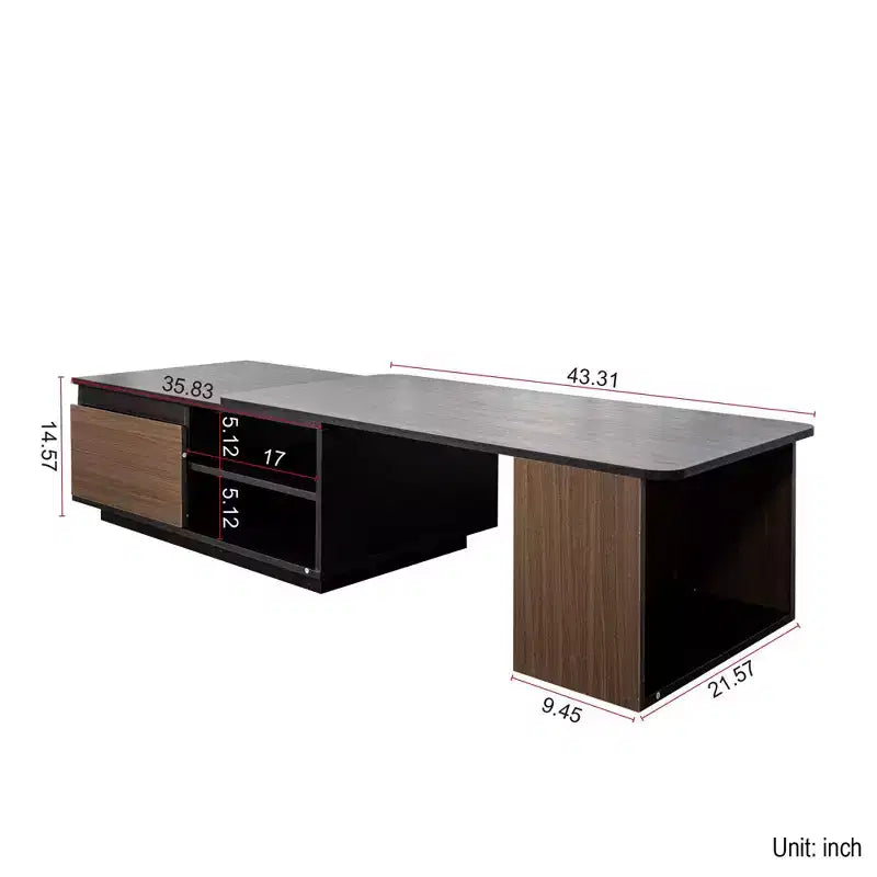 Table Basse Extensible TUYOHW avec 2 Tiroirs et Étagères, Table d'Appoint Luxueuse Fini Noyer Marron/Noir pour Salon, Décoration Intérieure
