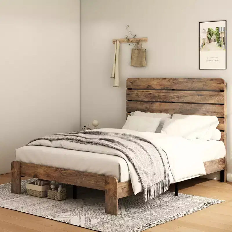 Cadre de lit Queen Size, Cadre de lit plateforme en bois, Silencieux, Grand espace de rangement sous le lit, Marron foncé