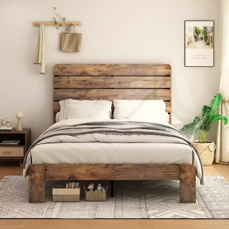 Cadre de lit Queen Size, Cadre de lit plateforme en bois, Silencieux, Grand espace de rangement sous le lit, Marron foncé