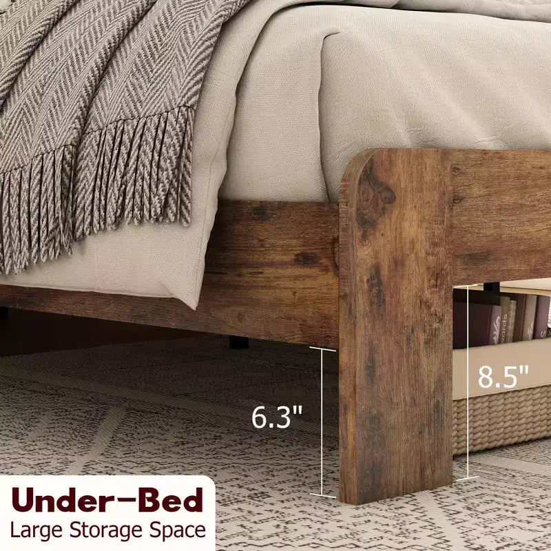 Cadre de lit Queen Size, Cadre de lit plateforme en bois, Silencieux, Grand espace de rangement sous le lit, Marron foncé