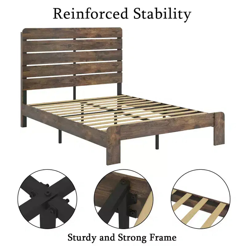 Cadre de lit Queen Size, Cadre de lit plateforme en bois, Silencieux, Grand espace de rangement sous le lit, Marron foncé