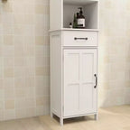 Tall Bathroom Storage Cabinet With Adjustable Shelves And Open Shelves, Slim Floor Standing Cabinet With 1 Door And 1 Drawer, Narrow Cabinet White