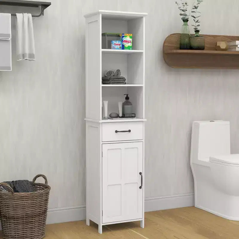 Meuble de salle de bain haut avec étagères réglables et étagères ouvertes, meuble de rangement fin sur pied avec 1 porte et 1 tiroir, meuble étroit blanc